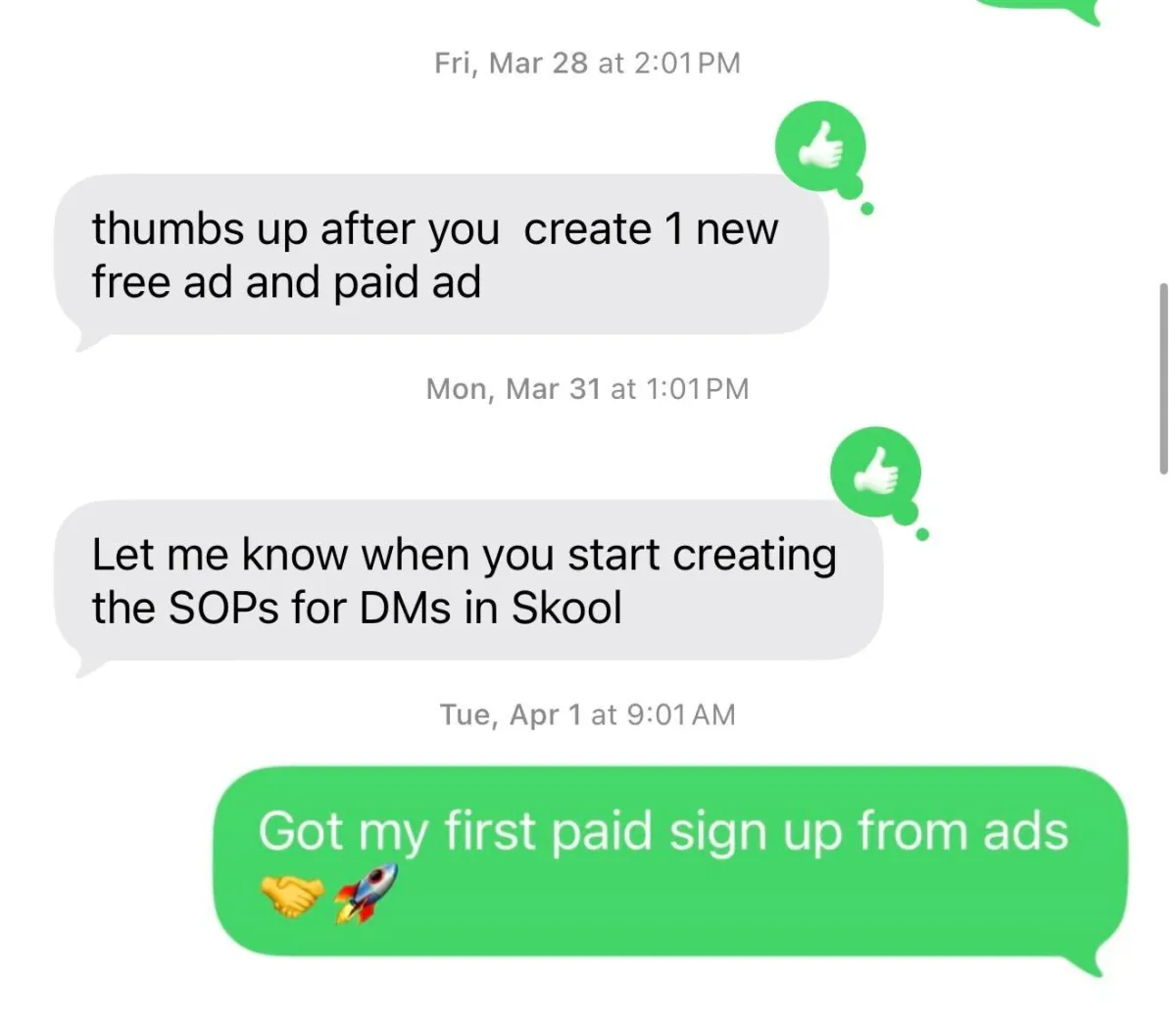 Daily check-in messages between an Implement Coach and a client
