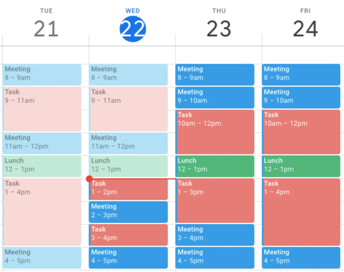 MVA Time Blocking calendar showing meetings and tasks scheduled across the week